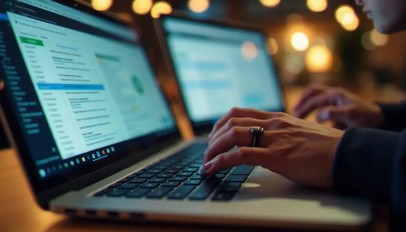 Mains sur un clavier d'ordinateur portable avec plusieurs onglets ouverts représentant des apps de la suite office365