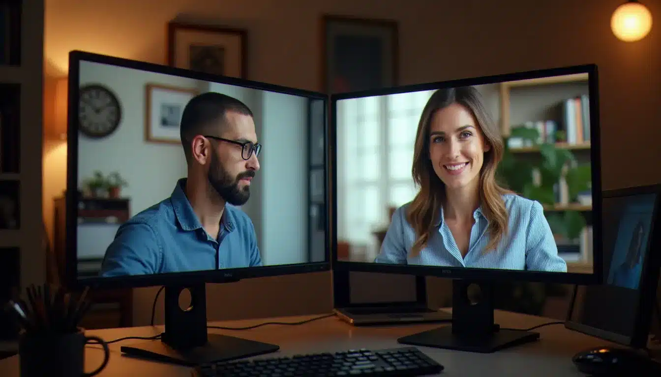 Deux collaborateurs en réunion vidéo via Teams, illustrant la collaboration à distance permise par office365