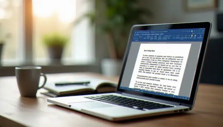 Poste de travail moderne avec laptop ouvert sur une suite office365, dans un bureau à domicile bien éclairé