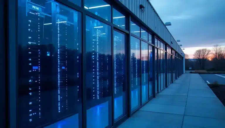 Vue extérieure d'un datacenter OVH européen moderne avec rangées de serveurs visibles, illustrant l'infrastructure cloud OVH
