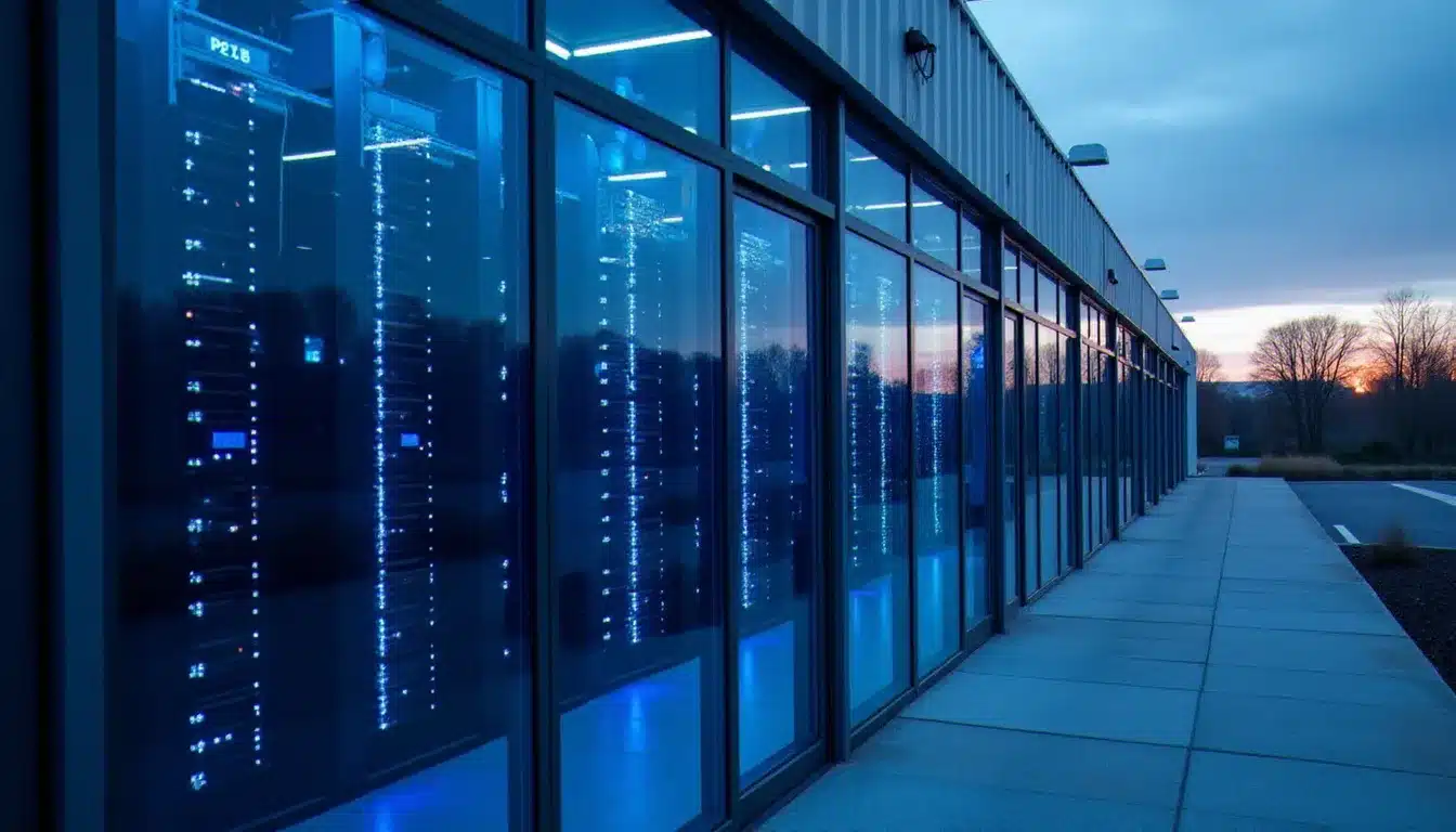 Vue extérieure d'un datacenter OVH européen moderne avec rangées de serveurs visibles, illustrant l'infrastructure cloud OVH