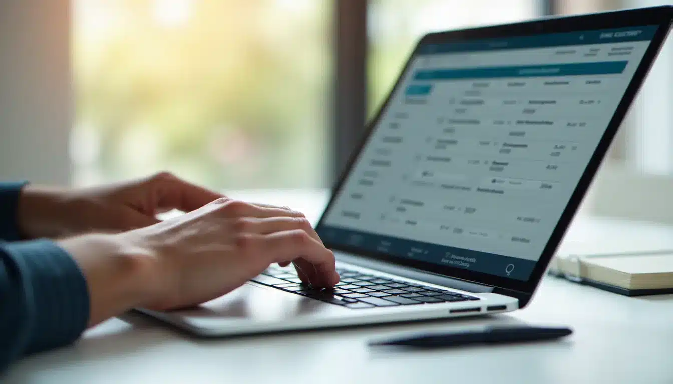 Mains d'un utilisateur tapant sur un clavier d'ordinateur portable avec une interface de logiciel RH affichant un processus d'onboarding salarié à l'écran
