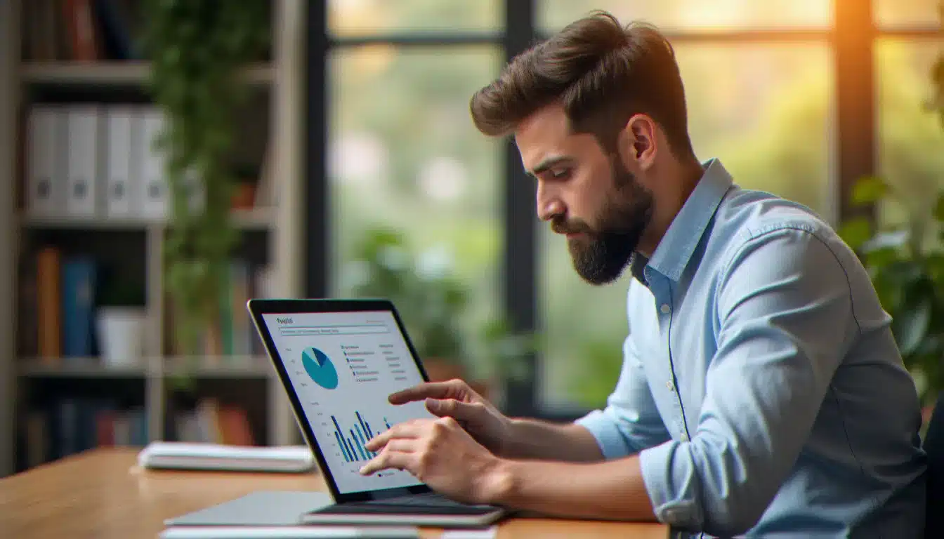 Chef d'une PME consultant des rapports de paie et des analyses RH sur une tablette numérique dans un bureau lumineux et chaleureux