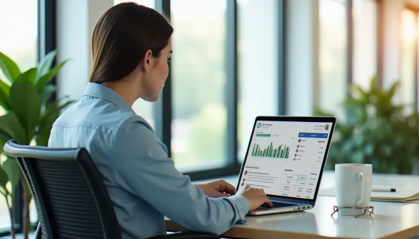 Un responsable RH utilisant le logiciel PayFit sur son ordinateur portable dans un bureau moderne, avec un tableau de bord de gestion de la paie affiché à l'écran