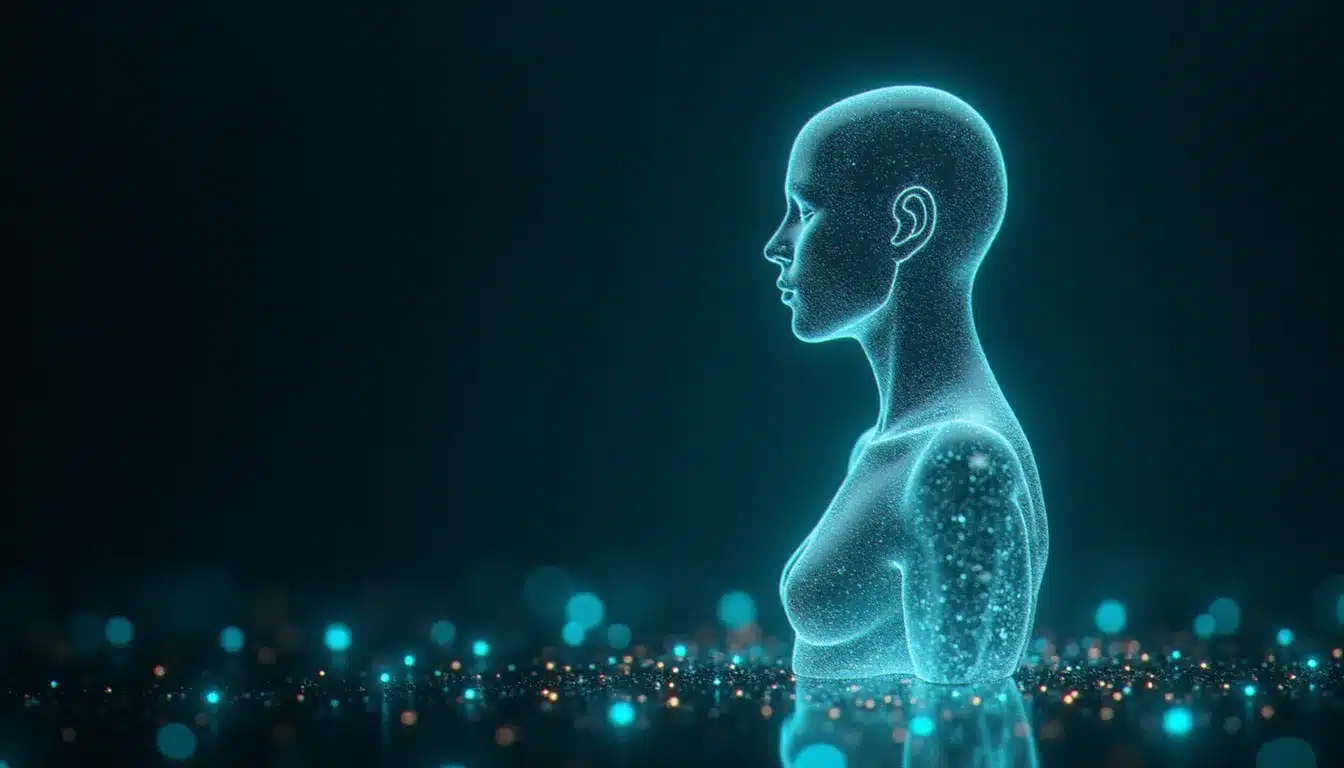 Représentation visuelle de la menace pour la vie privée numérique, silhouette humaine entourée de flux de données illustrant les risques des outils de reconnaissance faciale comme pimeyes