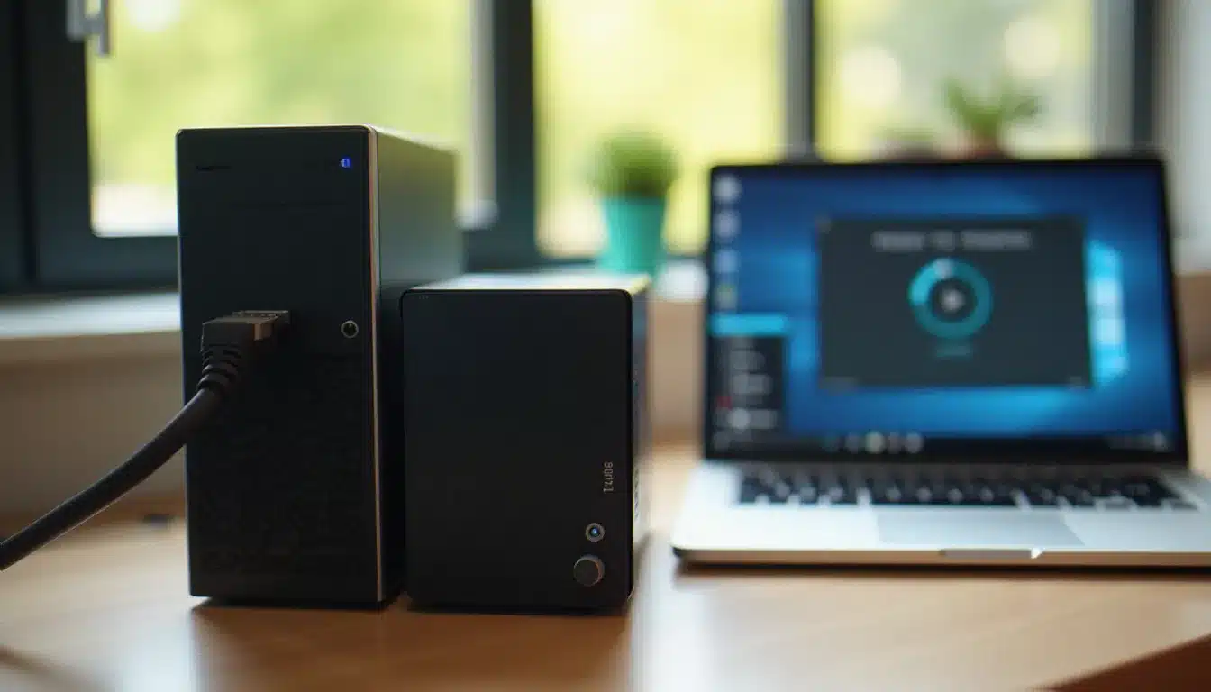 Serveur domestique compact et boîtier NAS sur un bureau en bois lors de l'installation d'un logiciel de streaming personnel