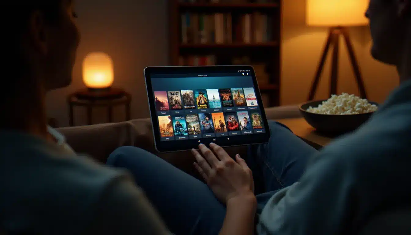 Personne consultant sa bibliothèque vidéo personnelle organisée sur une tablette depuis son canapé, avec une collection de films et séries bien classée