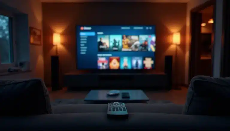 Interface d'une médiathèque personnelle Plex affichée sur un grand écran de télévision dans un salon moderne avec éclairage tamisé