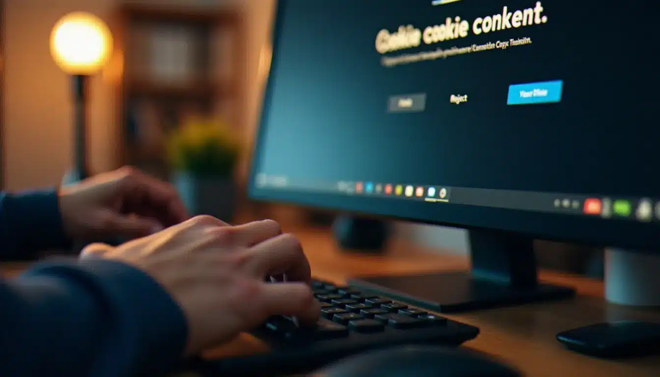 Mains sur un clavier devant un écran affichant une interface de consentement aux cookies avec boutons d'acceptation et de refus, illustrant les droits des utilisateurs sous le RGPD