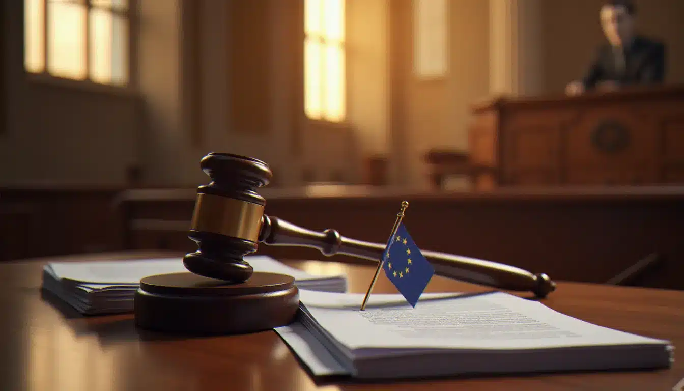 Marteau de juge posé sur un bureau en bois à côté de documents officiels et d'un drapeau européen, évoquant les sanctions judiciaires et administratives liées aux violations du RGPD