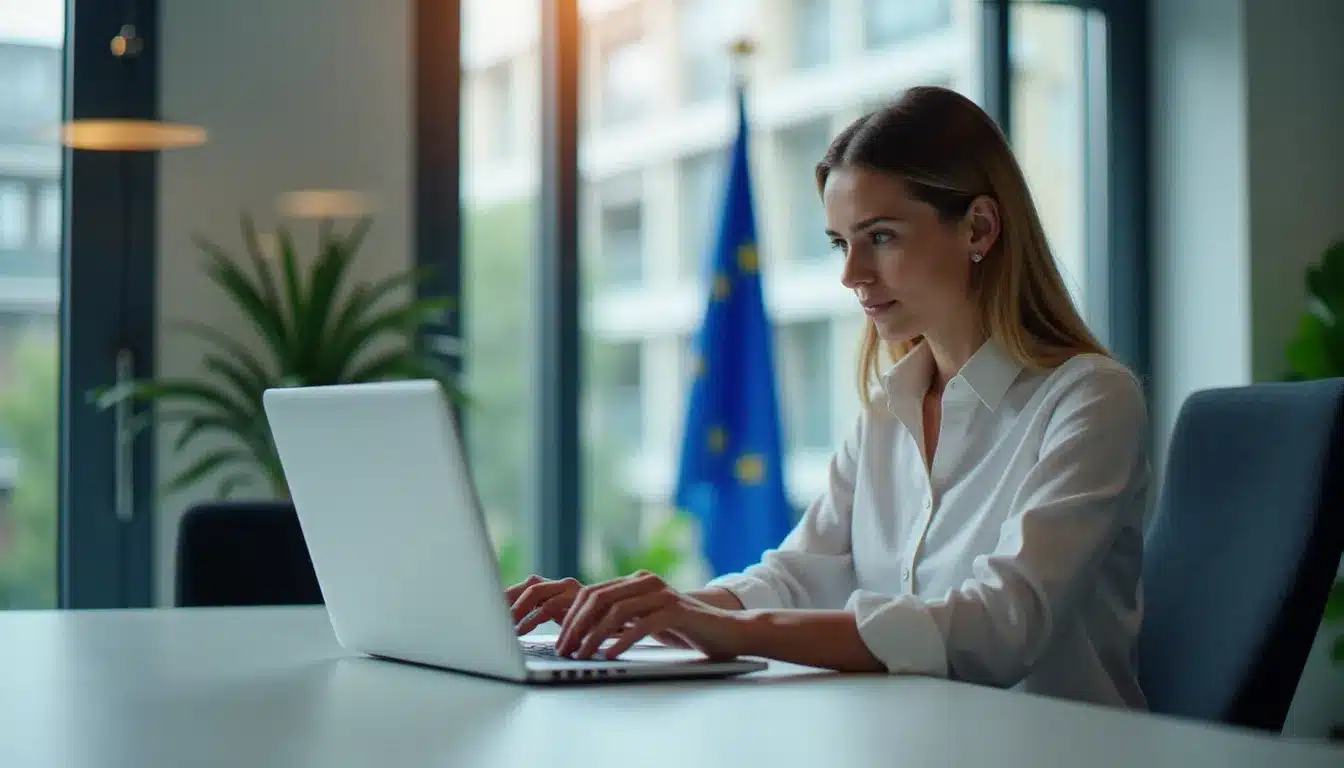 Professionnelle consultant des documents de conformité RGPD sur un ordinateur portable dans un bureau moderne avec drapeau européen en arrière-plan
