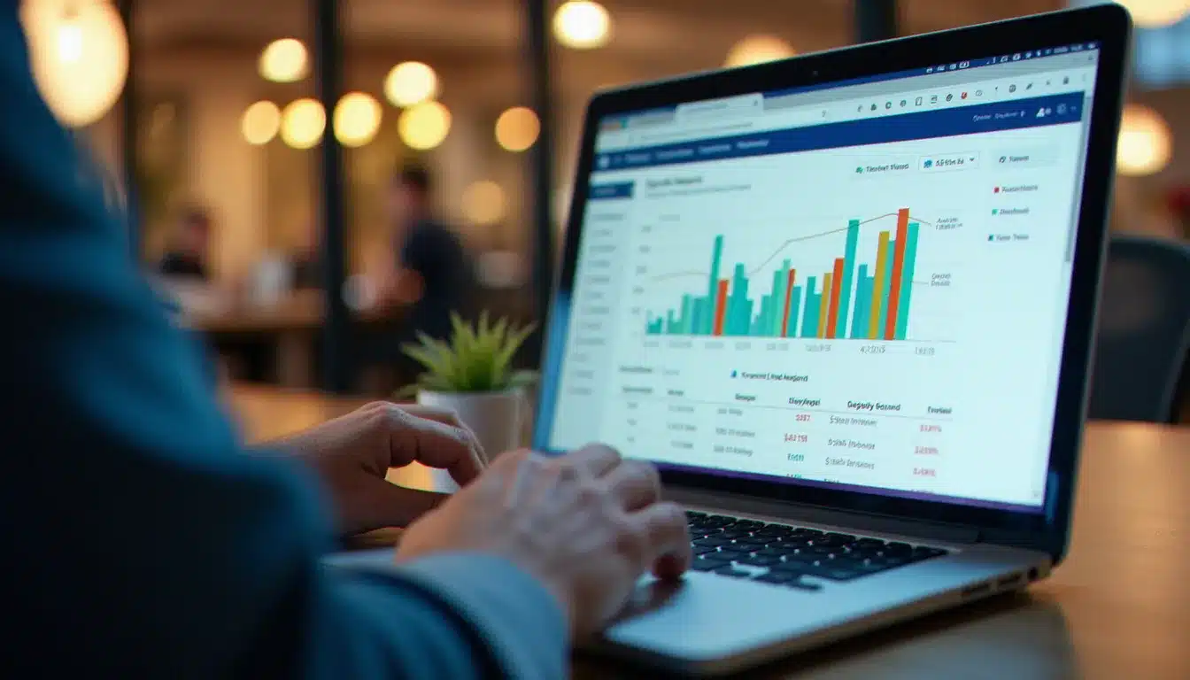 Écran d'ordinateur portable montrant une interface d'analyse de mots-clés avec des graphiques de volume de recherche et des métriques SEO en couleur