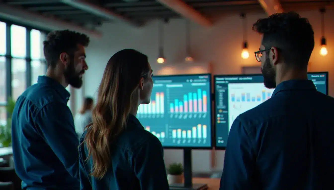 Trois professionnels du marketing numérique collaborant autour d'un écran affichant des données d'analyse concurrentielle SEO dans un bureau moderne en open space