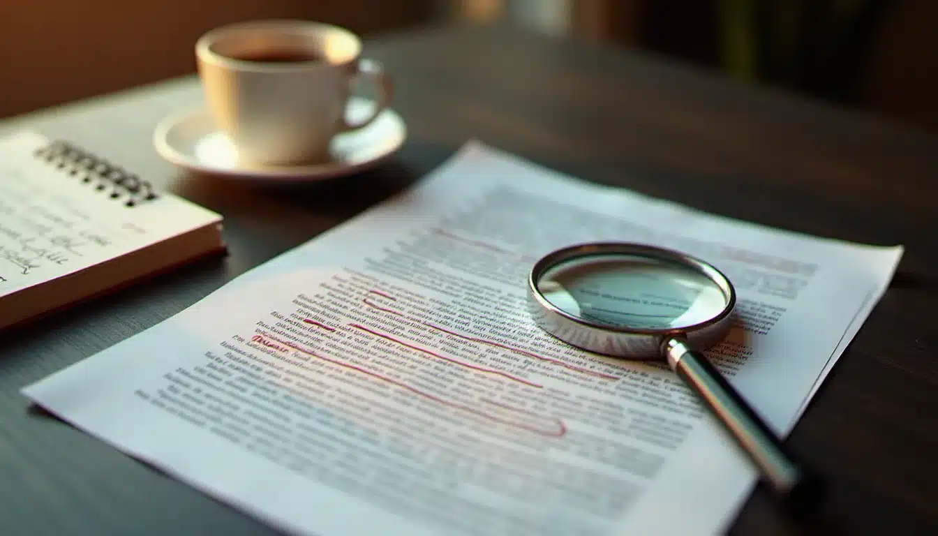 Loupe posée sur un document imprimé symbolisant la vérification et l'audit d'un contenu généré par un spinner doctor