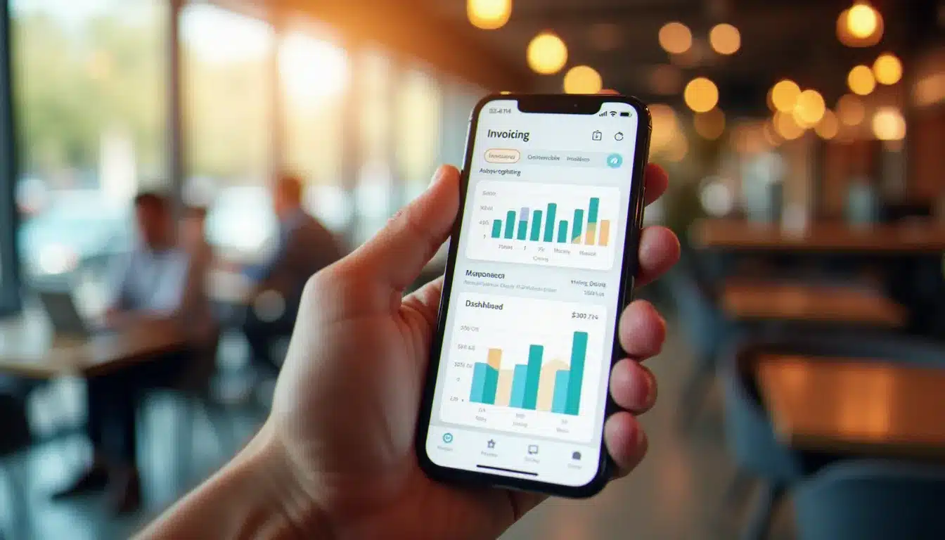 Gros plan d'un smartphone affichant un tableau de bord de trésorerie d'une application de facturation mobile, tenu par un freelance dans un café lumineux