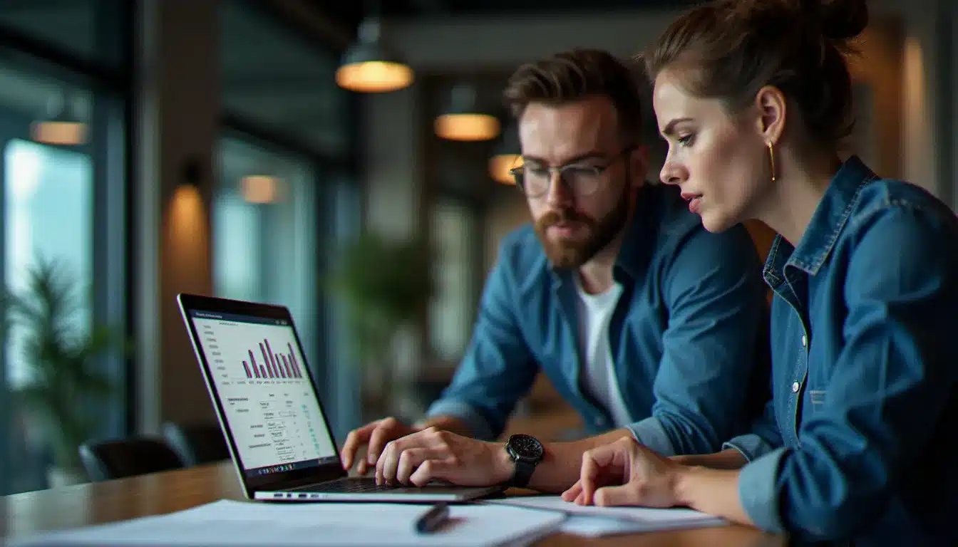 Expert-comptable et freelance collaborant ensemble sur des documents financiers numériques dans un espace de coworking moderne, illustrant la collaboration comptable via un outil comme Tiime
