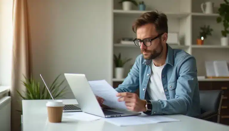 Freelance consultant utilisant un logiciel de gestion Tiime sur son ordinateur portable dans un bureau à domicile moderne et bien éclairé