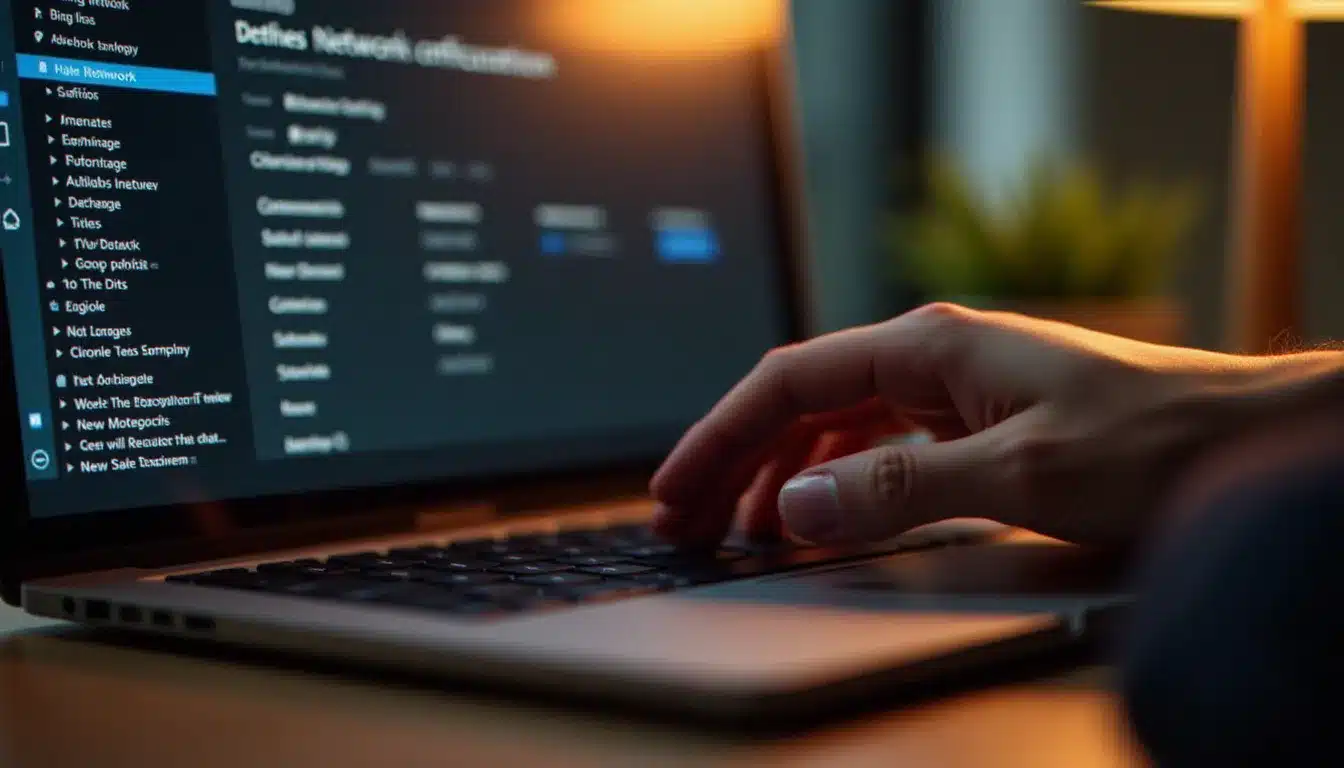 Des mains utilisant le trackpad d'un MacBook pour configurer une sauvegarde réseau via une application de gestion, illustrant la configuration du time capsule airport avec Time Machine