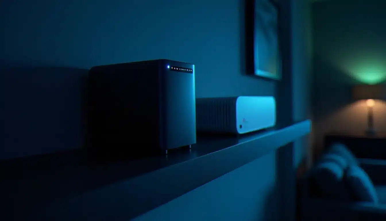 Un NAS compact aux LED bleues et un routeur Wi-Fi 6 blanc côte à côte sur une étagère murale, représentant les alternatives modernes au time capsule airport d'Apple pour la sauvegarde réseau