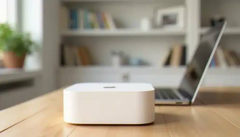 Un AirPort Time Capsule blanc posé sur un bureau en bois clair à côté d'un MacBook Pro ouvert, illustrant le time capsule airport d'Apple dans un bureau minimaliste moderne
