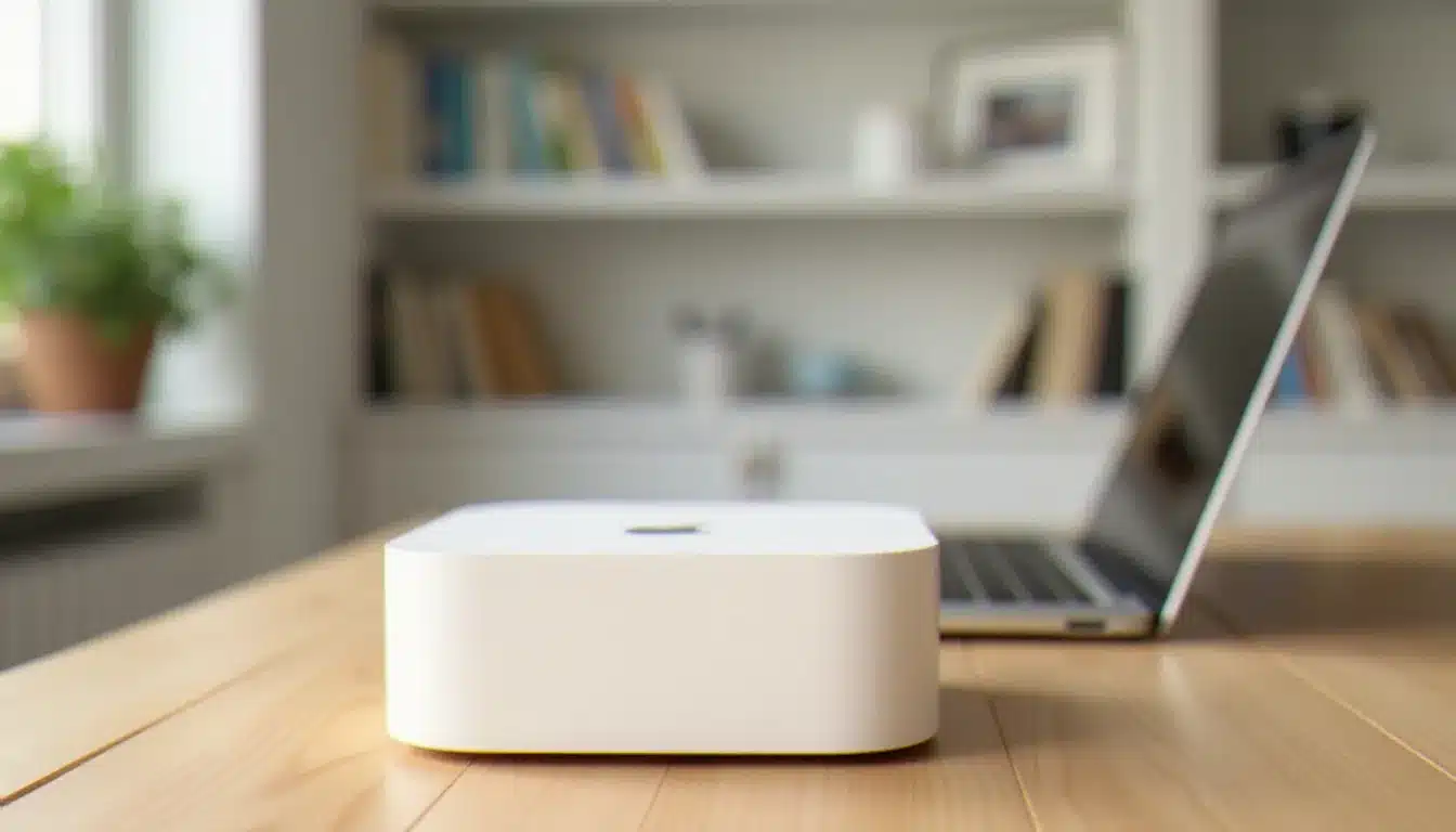 Un AirPort Time Capsule blanc posé sur un bureau en bois clair à côté d'un MacBook Pro ouvert, illustrant le time capsule airport d'Apple dans un bureau minimaliste moderne