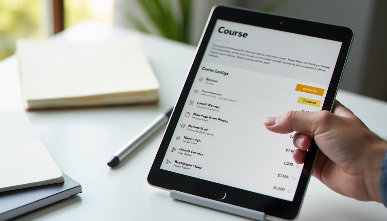 Gros plan sur une tablette affichant un catalogue de cours en ligne avec des notes et des prix visibles sur une plateforme de formation comme Udemy
