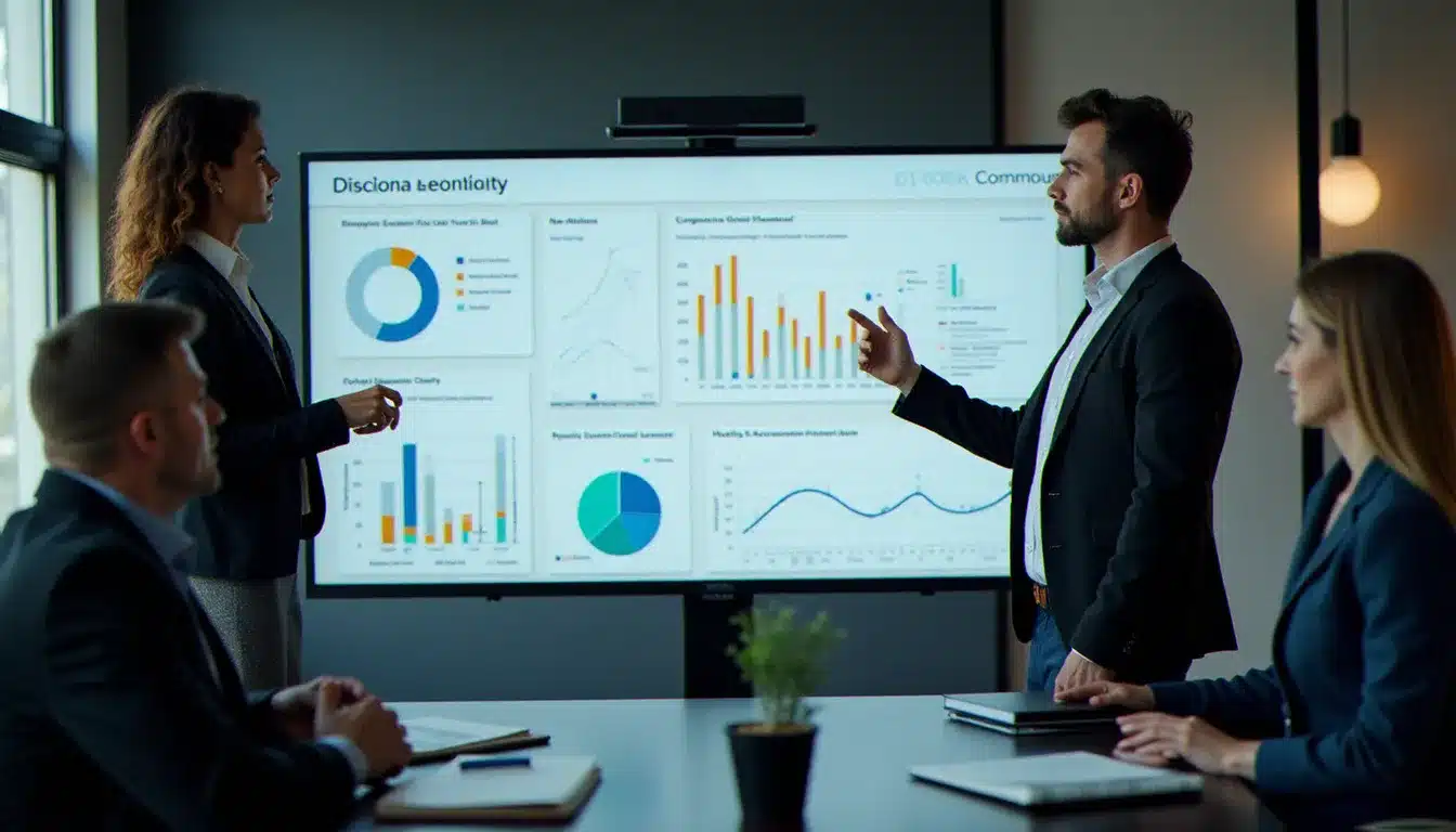 Une responsable RH présentant un tableau de bord de formation en ligne à des collègues dans un bureau moderne, illustrant l'usage professionnel d'Udemy Business