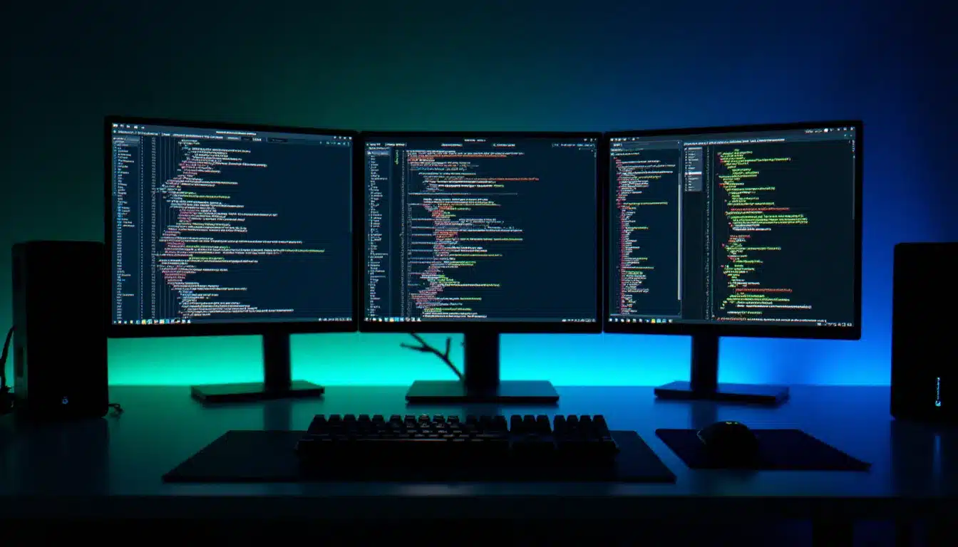 Trois fenêtres d'éditeur de code côte à côte sur un grand écran en lumière tamisée, illustrant la comparaison visuelle entre VBScript, PowerShell et Python