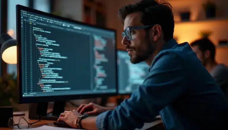 Administrateur système travaillant sur des VB Scripts dans un éditeur de texte Windows, illustrant l'utilisation professionnelle des scripts VBS pour l'automatisation