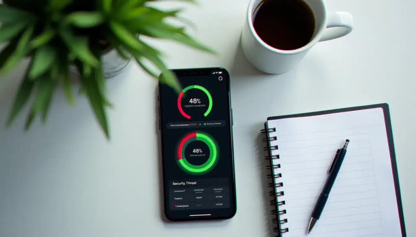 Vue en plongée d'un bureau avec un smartphone affichant une interface d'analyse de sécurité pour vérifier un site web, à côté d'un café et d'un carnet