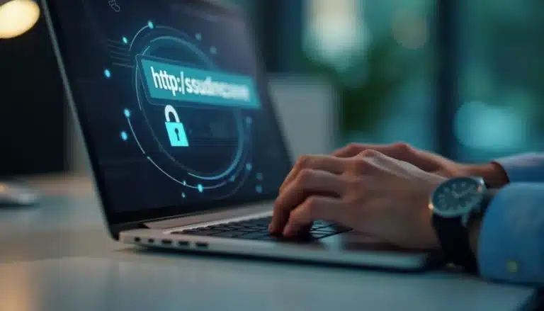 Une personne vérifiant un site web sur son ordinateur portable, avec la barre d'adresse du navigateur affichant un cadenas de sécurité HTTPS