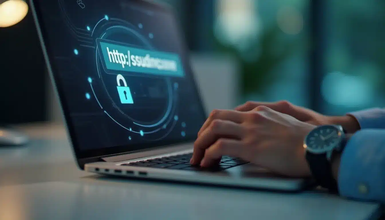 Une personne vérifiant un site web sur son ordinateur portable, avec la barre d'adresse du navigateur affichant un cadenas de sécurité HTTPS