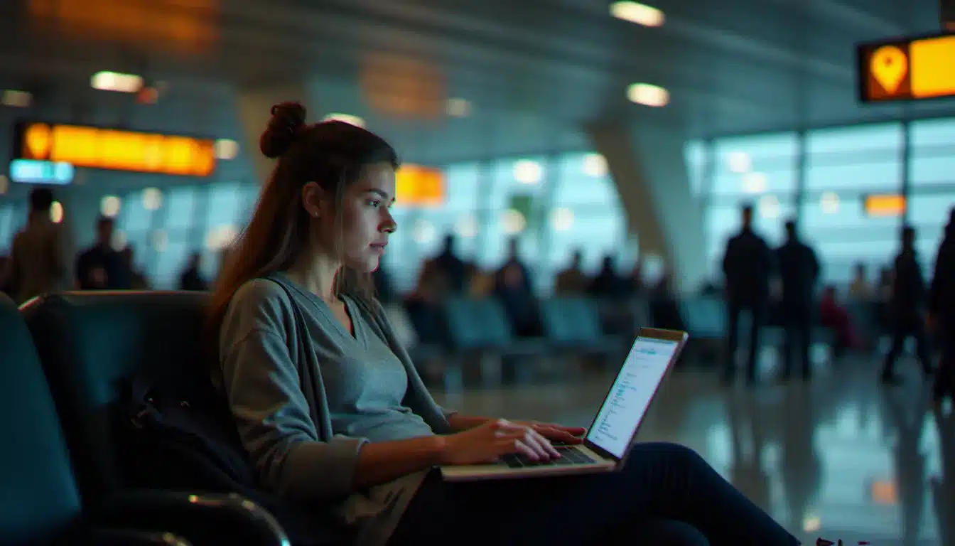 Utilisateur travaillant sur son PC portable dans un aéroport bondé, illustrant le risque des réseaux Wi-Fi publics sans VPN