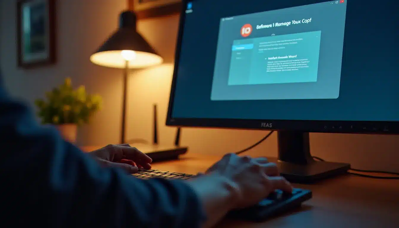 Mains sur un clavier pendant l'installation d'un logiciel VPN sur PC, moniteur affichant un assistant d'installation dans un bureau à domicile
