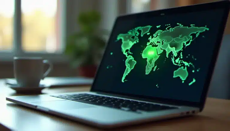 Ordinateur portable ouvert affichant une interface de vpn download for pc avec une connexion active et une carte mondiale des serveurs