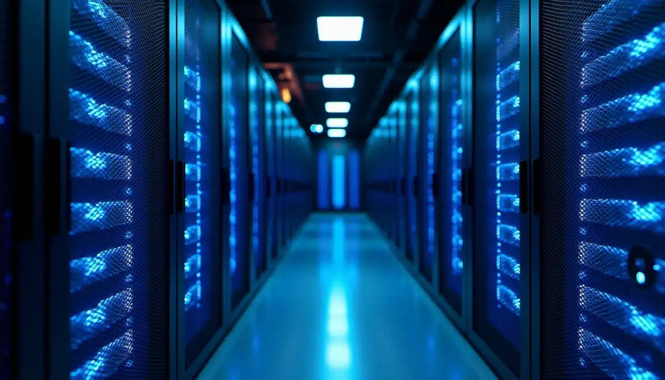 Salle de serveurs avec des baies illuminées de câbles réseau, représentant l'infrastructure physique d'Internet sur laquelle repose le web