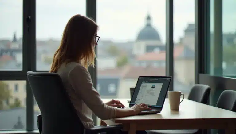 Une personne consultant son webmail depuis un ordinateur portable dans un bureau lumineux, illustration de l'accès à la messagerie en ligne à Dijon