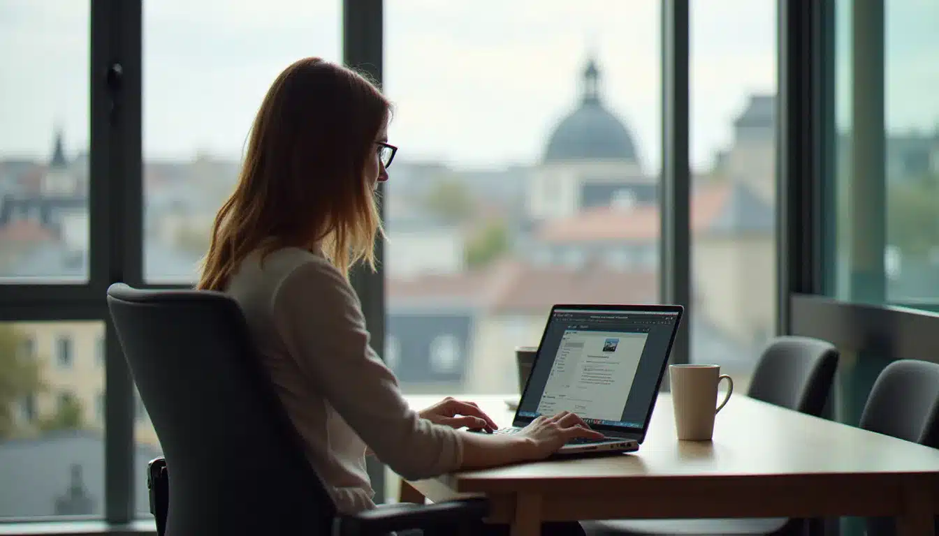 Une personne consultant son webmail depuis un ordinateur portable dans un bureau lumineux, illustration de l'accès à la messagerie en ligne à Dijon
