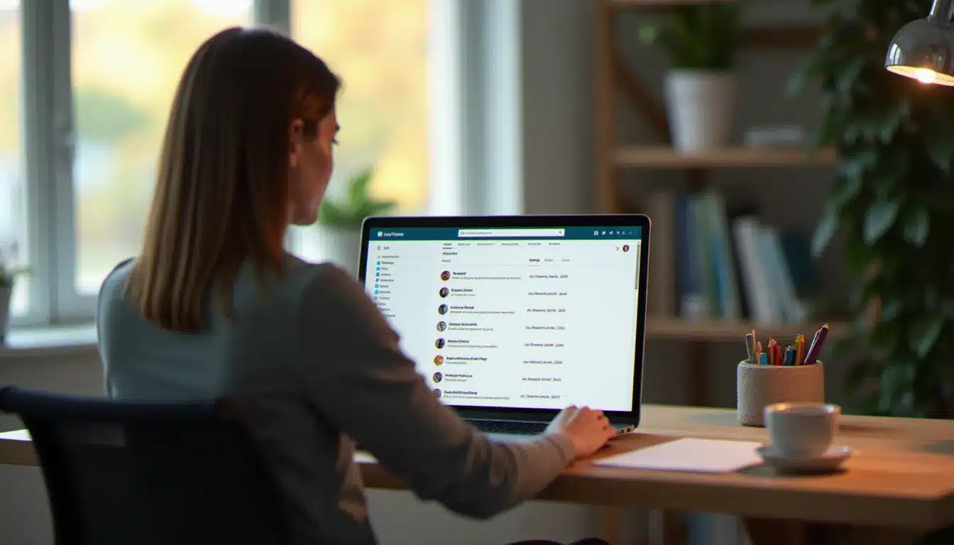 Interface webmail Free Zimbra affichée sur l'écran d'un ordinateur portable dans un bureau à domicile lumineux