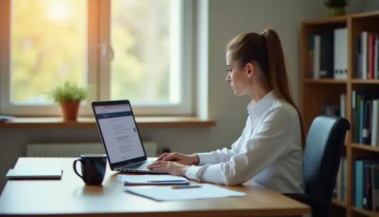 Enseignant de l'académie de Créteil consultant le webmel Créteil sur son ordinateur portable dans un bureau scolaire lumineux