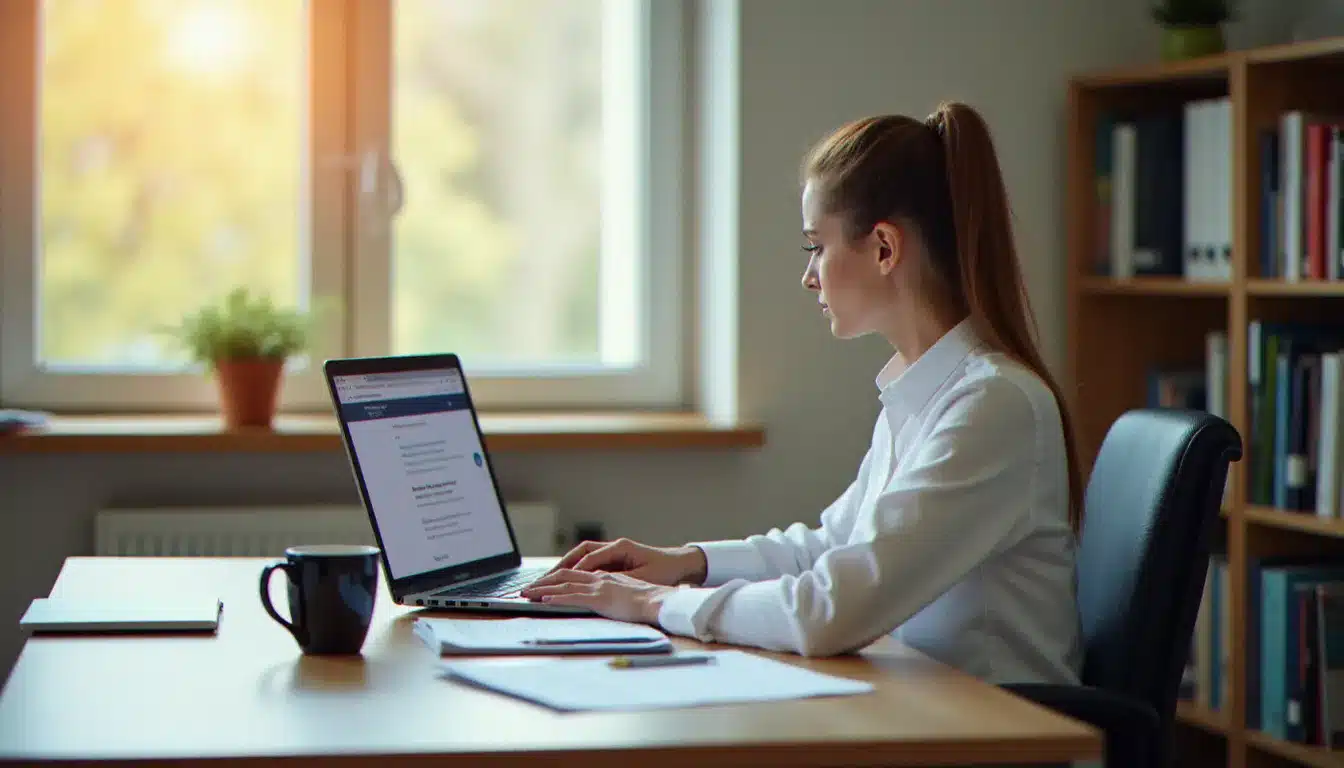 Enseignant de l'académie de Créteil consultant le webmel Créteil sur son ordinateur portable dans un bureau scolaire lumineux
