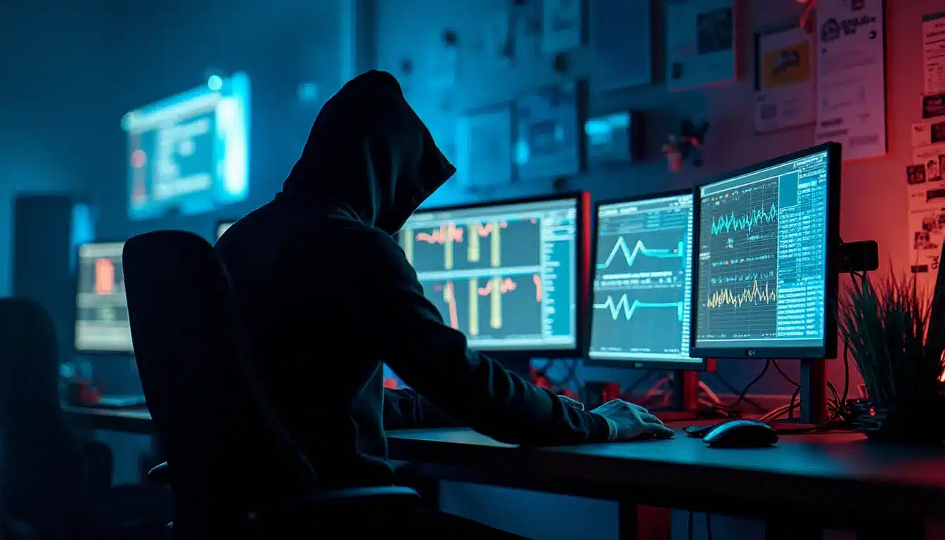 Hacker analysant des flux réseau sur plusieurs écrans dans le cadre d'une attaque zero day en cours d'exécution