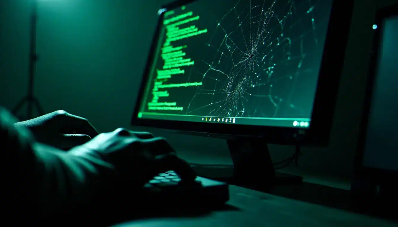 Écran fissuré affichant du code en cascade illustrant la menace d'un zero day exploité sur un système informatique