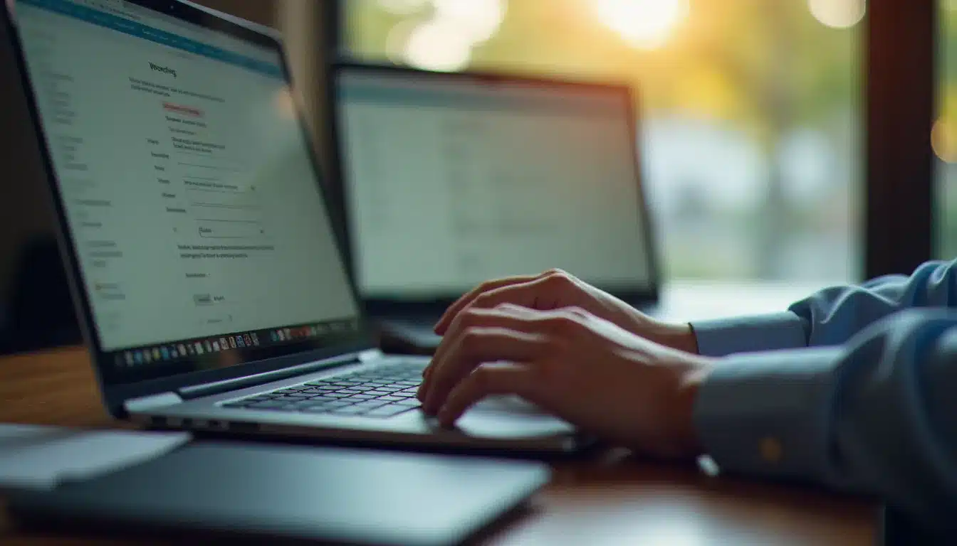 Mains tapant sur un clavier d'ordinateur portable affichant une interface de configuration de surveillance web avec des champs d'URL et des paramètres d'alertes