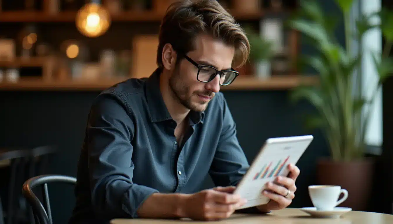 Professionnel consultant un tableau comparatif d'outils de veille web sur une tablette dans un café, dans le cadre d'une analyse d'outils de surveillance automatisée