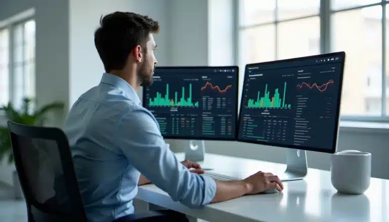 Professionnel devant deux écrans affichant des tableaux de bord de surveillance web et d'alertes automatisées, illustrant l'utilisation de zotiro com pour le suivi de pages internet