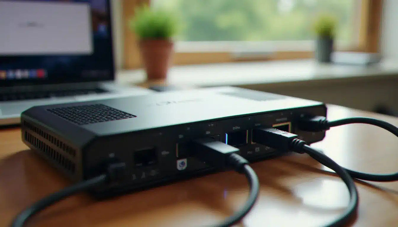 Un routeur Wi-Fi domestique connecté par câble Ethernet, avec un navigateur ouvert sur la page de connexion 192.168.1.1