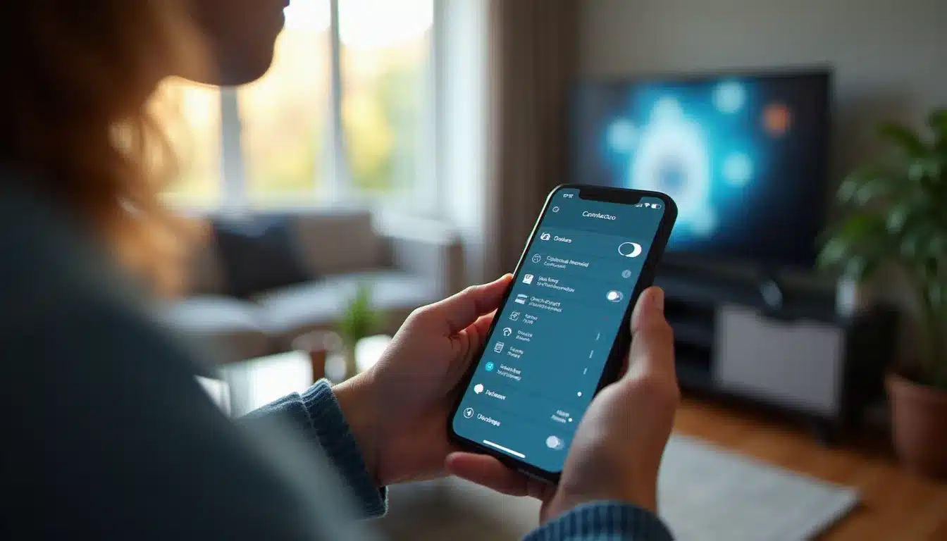 Mains tenant un smartphone affichant la liste des appareils connectés au réseau domestique via l'interface du routeur