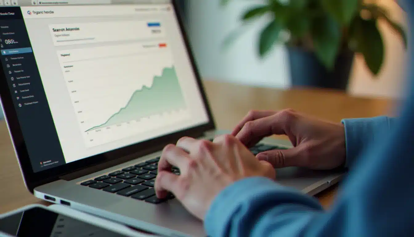 Mains d'un expert SEO consultant les statistiques de trafic organique sur Google Search Console
