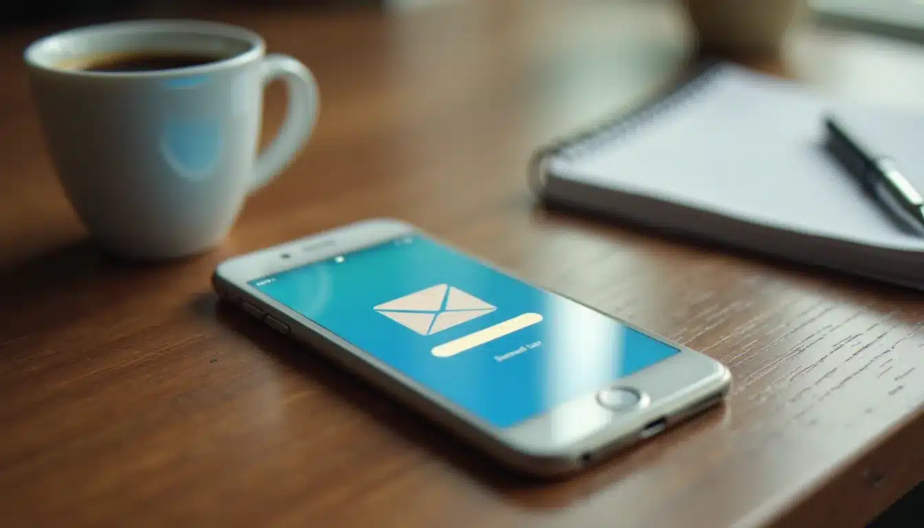 Connexion à une messagerie email sur smartphone posé sur un bureau en bois
